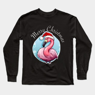 Pink Flamingo Wearing Santa Hat - Merry Christmas (White Lettering) Long Sleeve T-Shirt